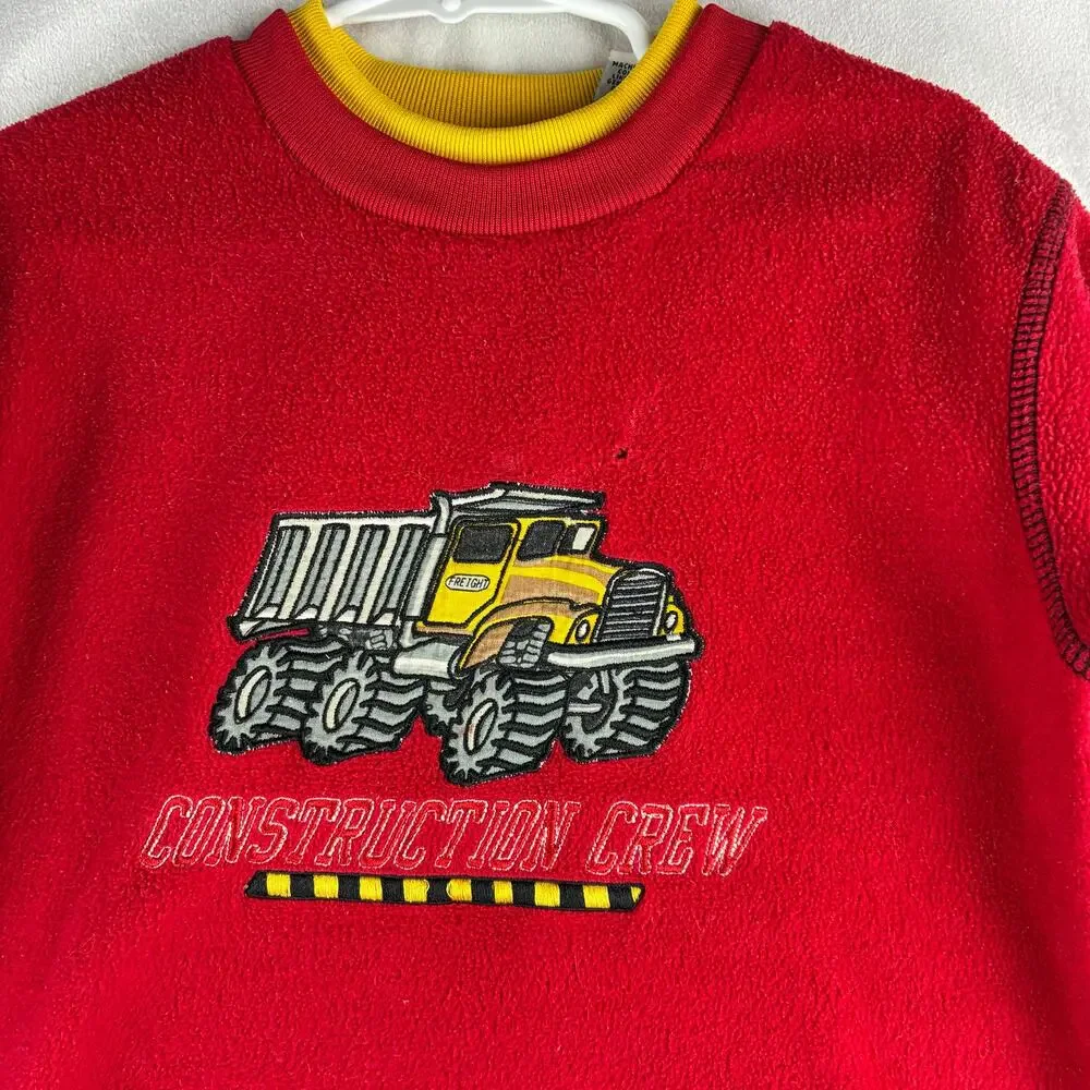 Vintage Boys 4T Fleece Construction Crew Truck Sweater Light Wear&Small Hole Red